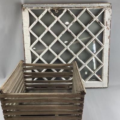 Sale Photo Thumbnail #40: Lot 56 – Vintage Diamond Window Pane & Wooden Crate