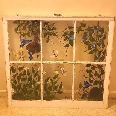 Hand-Painted Wooden Window with Floral & Bird Design