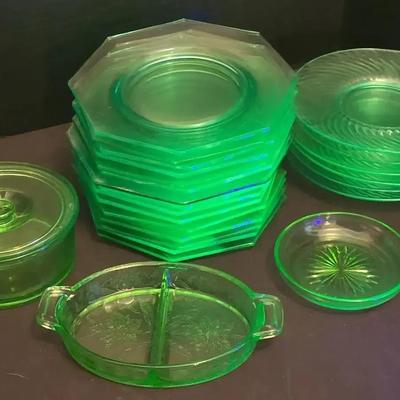 Vintage Green Uranium Glass Plates & Serveware Collection