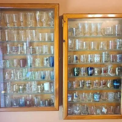 Pair of Wooden Display Cases with Shot Glass Collection