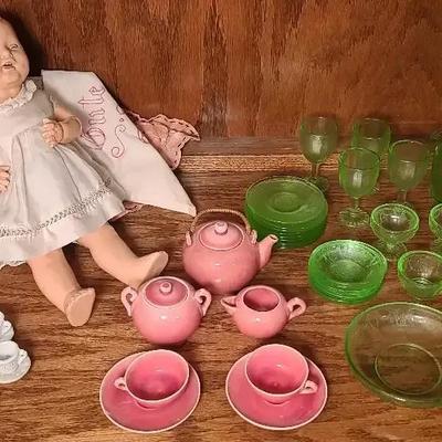 Vintage Doll with Uranium & Miniature Tea Sets