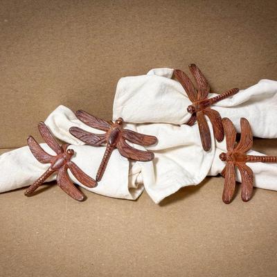(4) Cast Iron Dragonfly Napkin Rings & Napkins