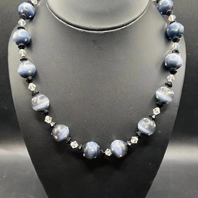 Glass Beaded Necklace with Sterling Silver Heart Clasp Stamped 925