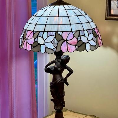 Art Nouveau style Metal Figural Lamp With Tiffany Style Shade 