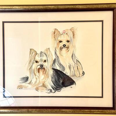 Signed Watercolor Of Yorkshire Terriers Dogs 