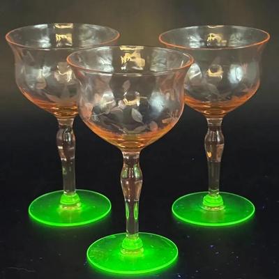 (3) Weston Floral Cut Liquor Cocktail Glasses — Green Glass Glowing in Ultraviolet Light