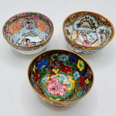 (3) Vintage Eggshell Porcelain Handpainted Miniature Bowls / Sake Cups