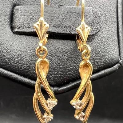 14K Gold Diamond Dangle Earrings — Jewelry Stamped 14K
