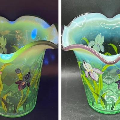 Signed Fenton Opalescent Iris Vase with Sticker — Uranium Glass — Fenton Designer Showcase Series