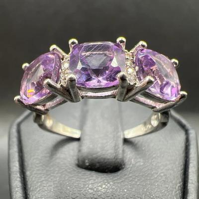 Sterling Silver Amethyst & Diamond Ring Stamped 925