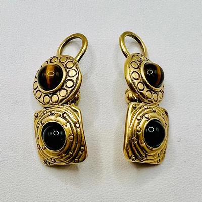 Vintage Premier Designs Gold Tone Earrings with Crown Hallmark & Tigers Eye Stones 