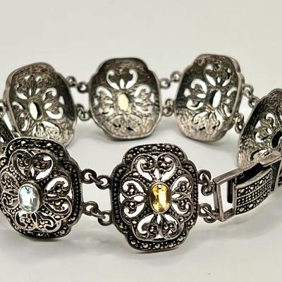 Sterling Silver Filigree Bracelet Stamped 925 with Rainbow of Gemstones