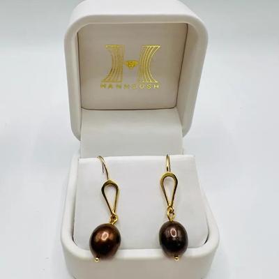 14KT Gold 9MM Freshwater Chocolate Pearl Dangle Drop Earrings