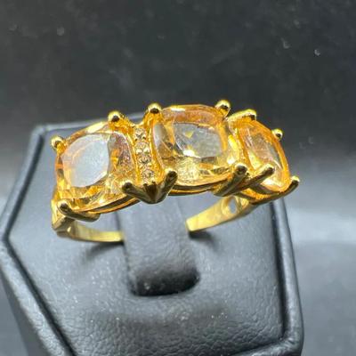 Three Stone Citrine Ring with Diamonds Stamped 925 — Gold over Sterling Silver