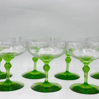 (7) Champagne Glasses With Green Stems