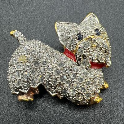 Vintage Gold Plated Sterling Silver Rhinestone Yorkshire Terrier Dog Brooch