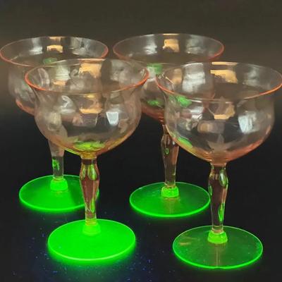 (4) Weston Floral Cut Wine Glasses with Ultraviolet Green Glow