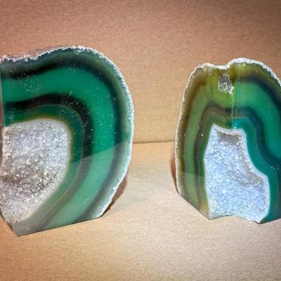 (2) Beautiful Green Geode Bookends