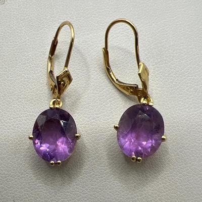 14K Gold Purple Gemstone Drop Earrings 