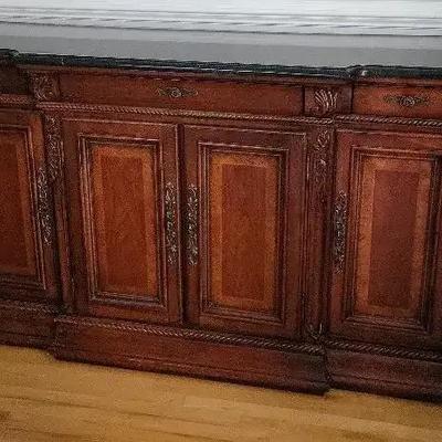 Wood Sideboard With Black Marble Look Top.