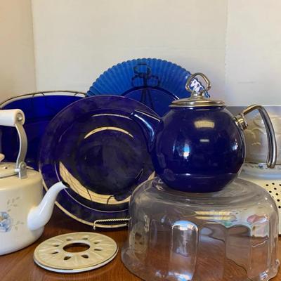 Blue Glass Serving Pieces, Colanders, Tea Kettles And More