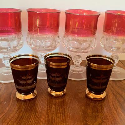 Vintage Whitehall Colony Cubist Cranberry Goblets And Amber Shot Glasses