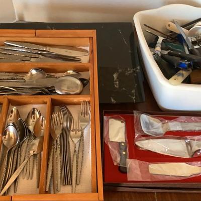 Vintage Oneida Silverware, Various Utensils And Serving Trays 