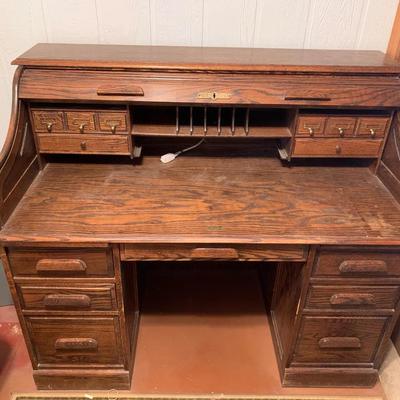 Rolling Top Oak Crest Desk And Chair