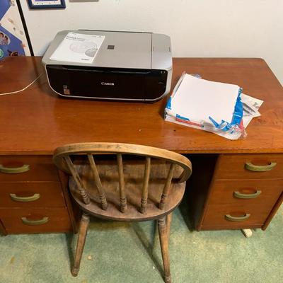 Wooden Desk With Chair, Printer, And Misc Supplies