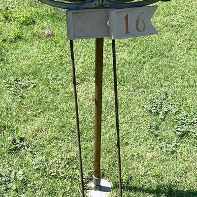 Antique Walking Stick with Leather Seat And Two Cast Iron Golf Markers