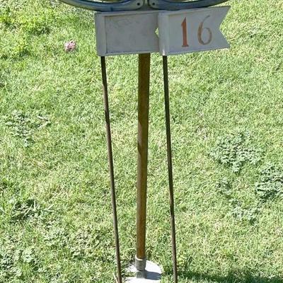 Antique Walking Stick with Leather Seat And Two Cast Iron Golf Markers 