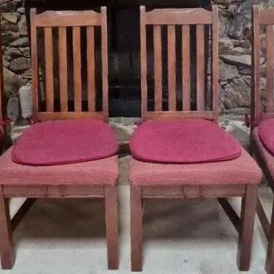 Set of 4 Vintage Oak Wood Cushioned Dining Room Chairs 