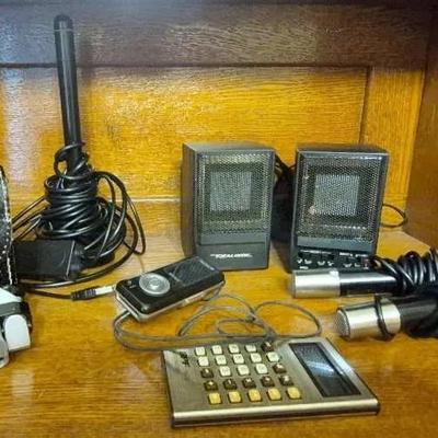 Tasco Small Binoculars With Case, Small Sanso Recorder, Small Speakers, Microphones, And More