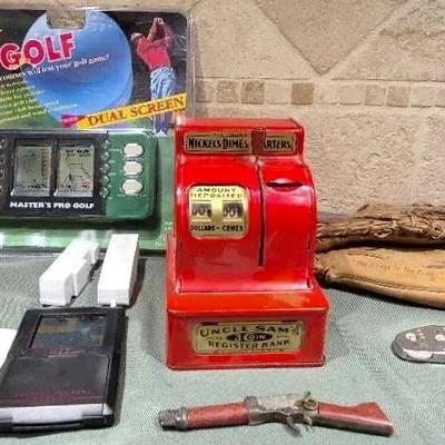 Vintage Uncle Sam’s 3 Coin Register Bank, Vintage 1940's Rawlings DW Baseball Glove, & More