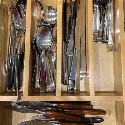 Stainless Flatware Galore! Assortment of Wallace Forks, Knives, Spoons with Other Steak Knives 