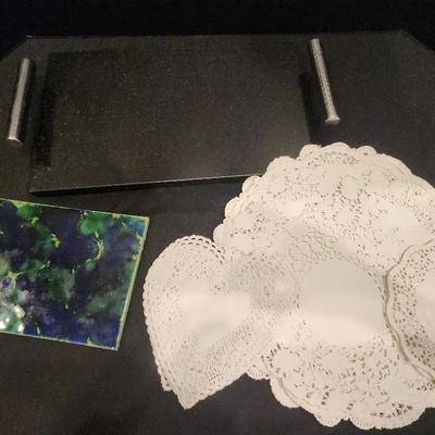 Black Granite Serving Tray, Tile, And Paper Doilies