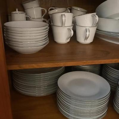 Noritake White with Silver Rim China Set w/ Serving Platters, Soup Bowls, Salad And Bread Plates