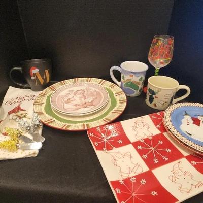 Various Christmas Glassware, Serving Platters, Mugs, Decorative Towel, Cheese Knives