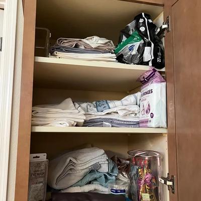 Upper Linen Closet - Sheets, Pillowcases, Towels, Eye Mask, Bath Sponges