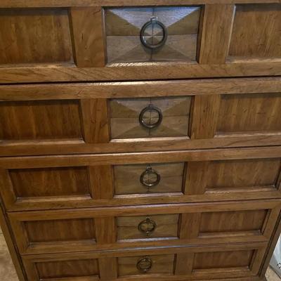 MCM Tall Light Colored Wood Dresser With 5 Ornate Spacious Drawers