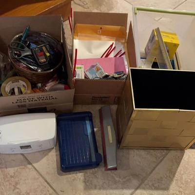 Office Supplies! HP Photo Printer, Hole Puncher, Gold Trash Can