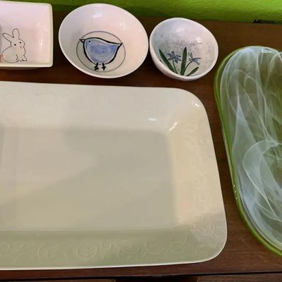 Cute Green & White Rabbit & Flower Pottery Plates And Small Bowls - Entertaining & Decor