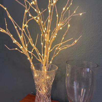 Crystal Vase With Lighted Sticks And Large Glass Vase