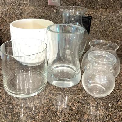 6 Clear & White Glass Vases - One Stoneware Pottery Style