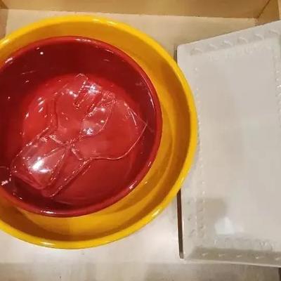 Red & Yellow Salad Bowls With Salad Tongs, And Serving Platter