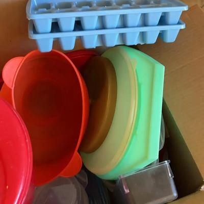 Vintage Tupperware wih Lid Mixed with Other Plastic Storage Containers of All Eras