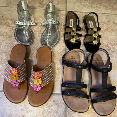 Sandals - Taos Trophy Pewter, Italian Shoemakers Joya, Silver Stud, Patent Black Caparros - Size 8