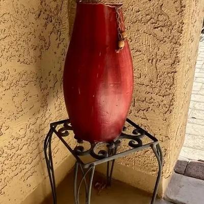 Dark Red Decorative Vase & Metal Plant Stand