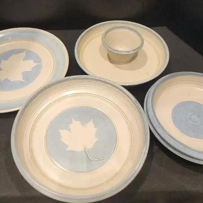 Blue & White Jim and Gina Mahoney Pottery Pieces, Including Chip And Dip Bowl