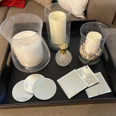 24” Square Decorative Tray, Large Candles w Glass Vases, Diffuser, Mirrored Round & Square Coasters